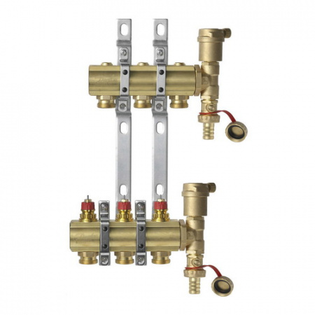 Danfoss 088U0707 Коллектор распред латунь FHF-set Ру10 ВР 1" на 7 вых НР 3/4" в комплекте с 2мя автом. воздухоотв. и кроншт